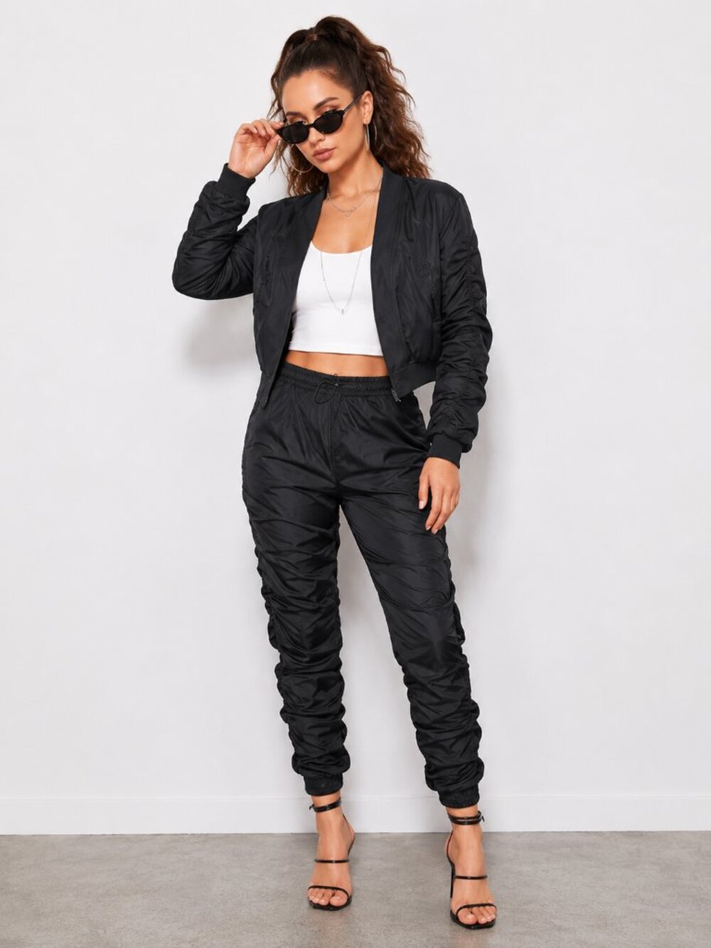 Black Bomber Jacket Jogger Track Pants Set Windbreaker NWT